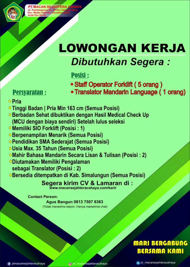 Lowongan Operator Forklift & Translator Mandarin